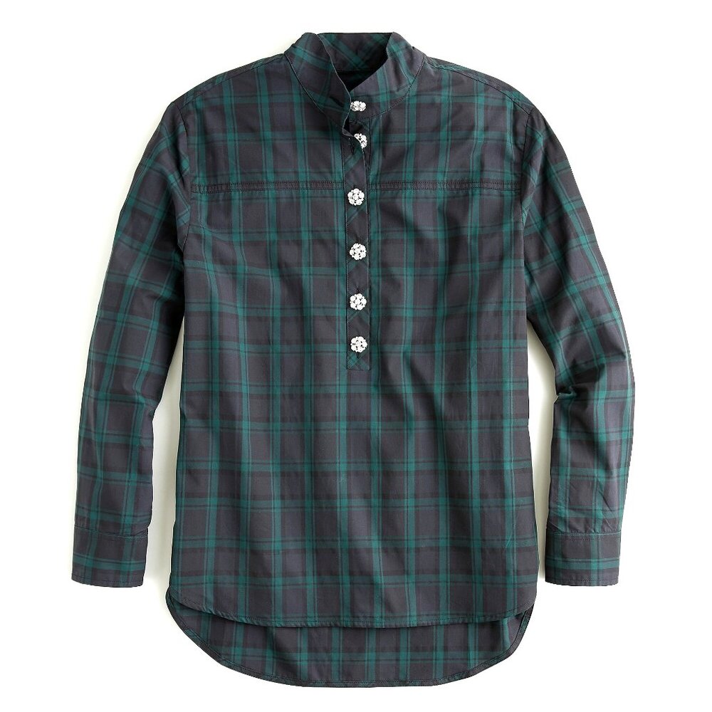 Nwt J Crew Jeweled button popover pullover tunic top Black Watch tartan blouse